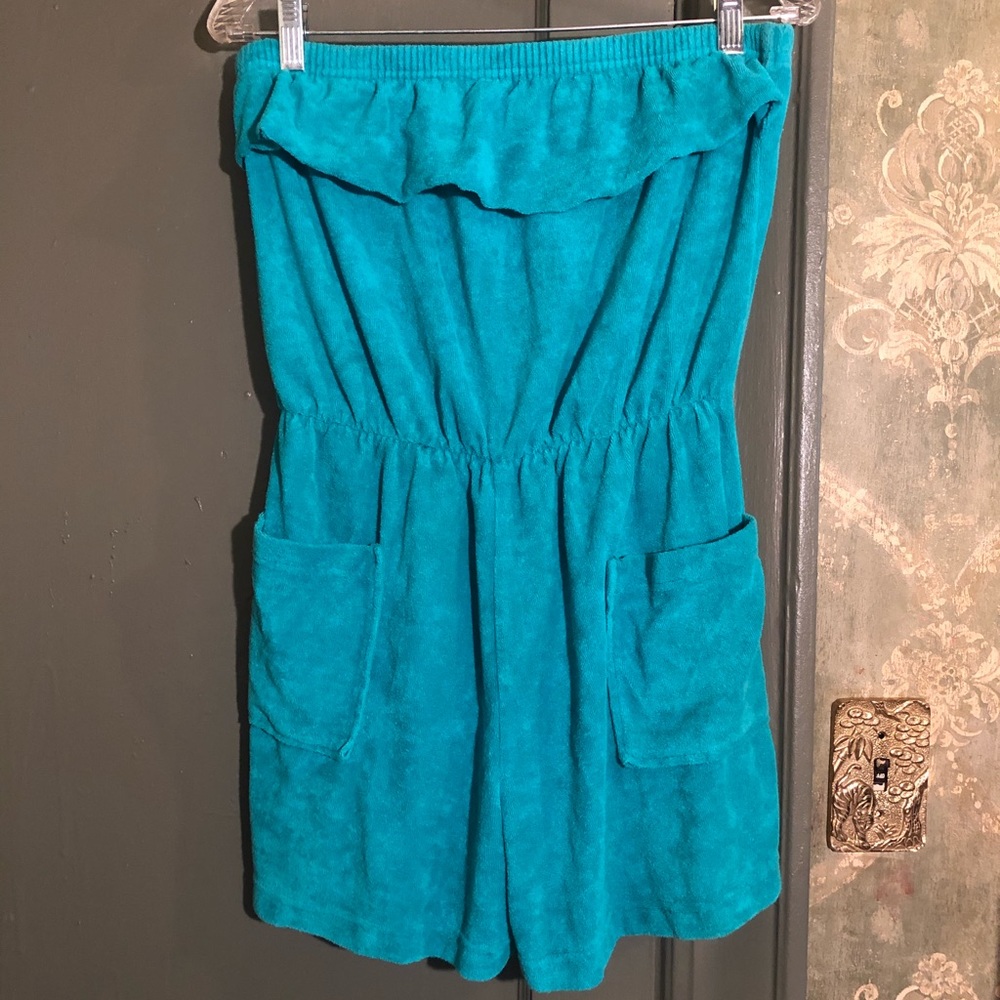 VINTAGE 70s 80s Teal Terri Cloth Summer Romper